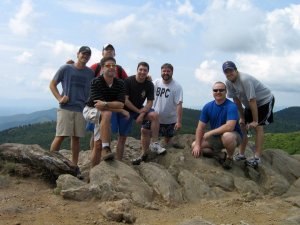 Some friends and I (in the BPC shirt) on top of Black Balsam Knob in North Carolina